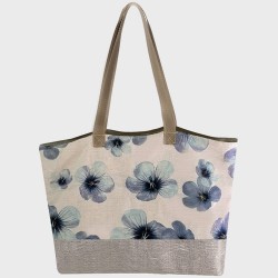 tote bag fait main doublé en lin beige fleurs bleues