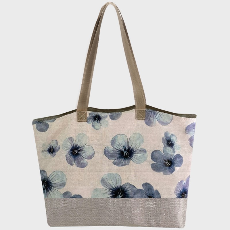 tote bag fait main doublé en lin beige fleurs bleues
