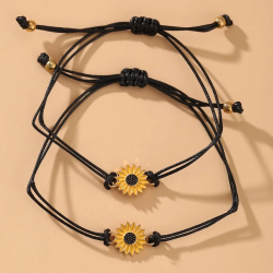 bracelets jumeaux fleur de tournesol jaune cordon noir ajustable