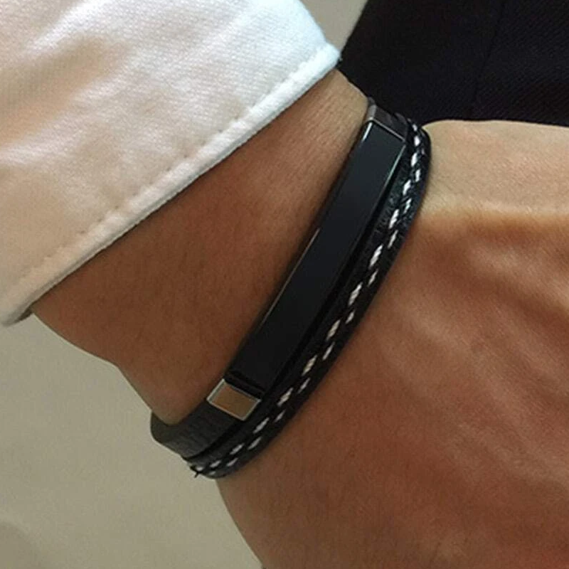 bracelet double cuir pu noir et acier inoxydable