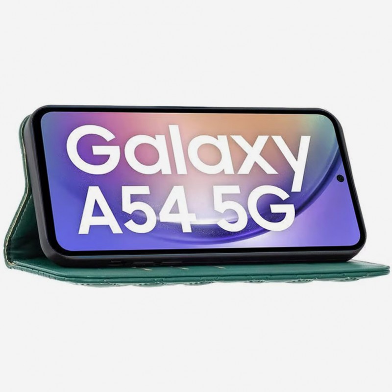 coque pour smartphone galaxy A54 de qualité vert cuir capitonné