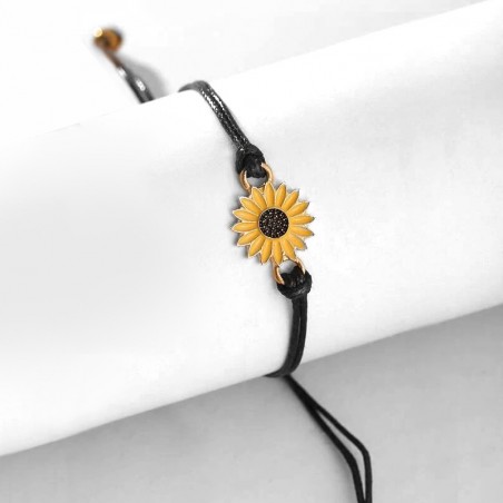 bracelet fleur de tournesol jaune cordon noir ajustable