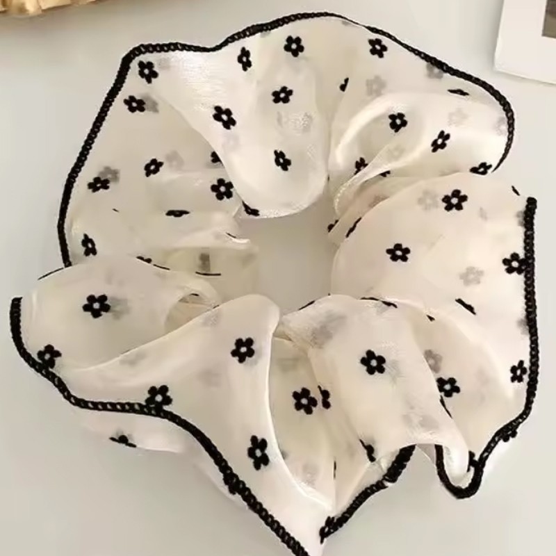 chouchou beige translucide à fleurs noires mousseline de soie