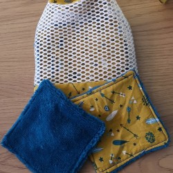 6 lingettes nettoyantes bio lavables et réutilisables avec sac bleu jaune